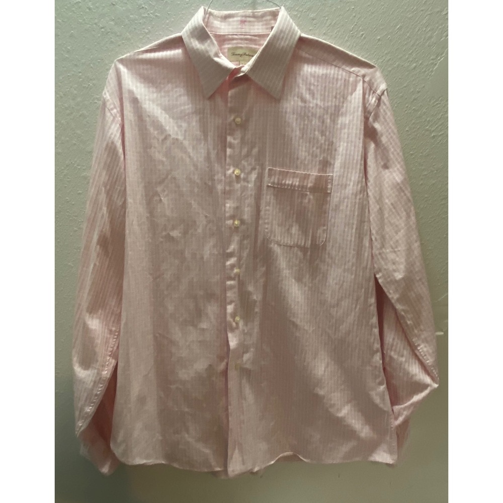 Tommy Bahama Button Front Shirt Mens 16.5 36/37 Pink  Cotton Check Stripe‎
